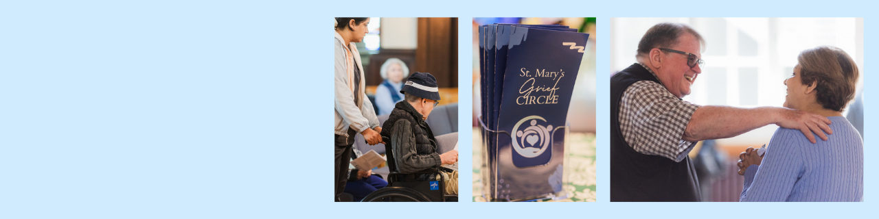 Banner with three images 1 person being assisted 2 grief brochures 3 pastoral conversation