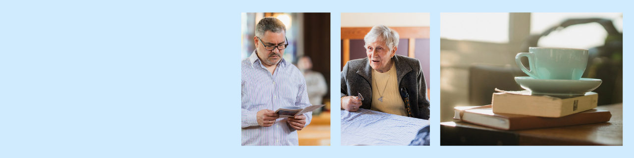 Banner with three images 1 male reading 2 female speaking 3 tea and book stack
