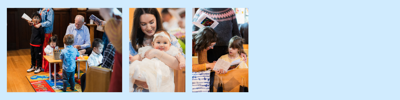 Banner with 3 images 1 children in soft space 2 baby in mom's arms 3 child reading bulletin
