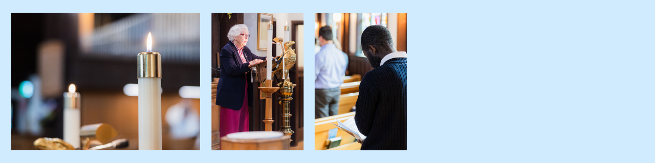Banner with three images: (1) candles, (2) intercessor leading prayers, (3) parishioner praying